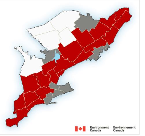 Rainfall warning in effect for red areas. Special weather statement in effect for gray areas. 