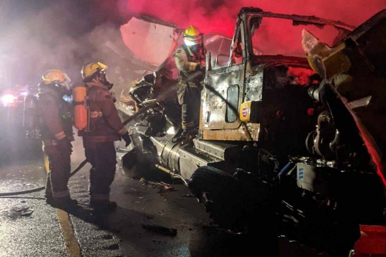 A transport collision and fire closed Highway 401 near Trenton for several hours Wednesday morning.