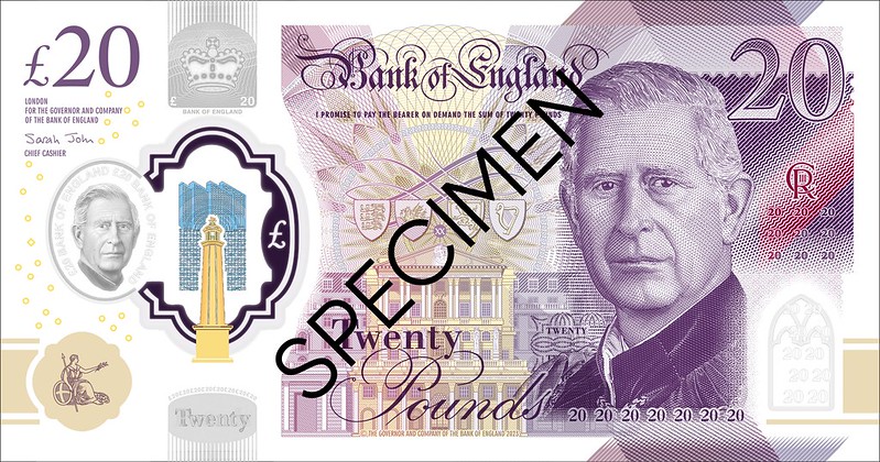 Design of the new English banknotes, featuring King Charles III.