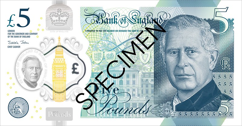 Design of the new English banknotes, featuring King Charles III.