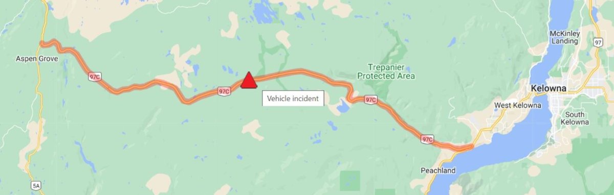 A graphic showing the approximate location of the bus crash in B.C.’s Southern Interior, between Merritt and Kelowna.