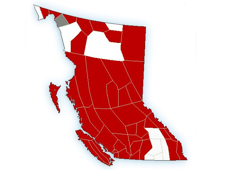 A map from Environment Canada showing extreme cold, arctic outflow and winter storm warnings, all in red, for B.C. on Thursday, Dec. 22, 2022.