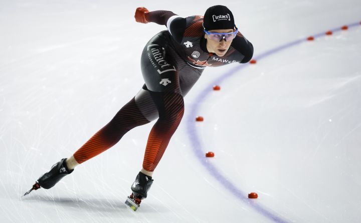Canada's Ivanie Blondin skates during the women's 5000-metre competition at the ISU World Cup speed skating event in Calgary, Alta., Friday, Dec. 16, 2022. 