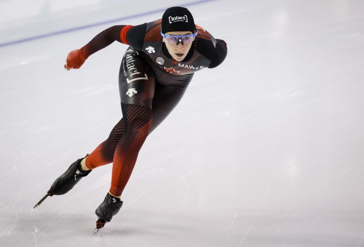 Canada's Ivanie Blondin skates during the women's 3000-metre competition at the ISU World Cup speed skating event in Calgary, Alta., Friday, Dec. 9, 2022.