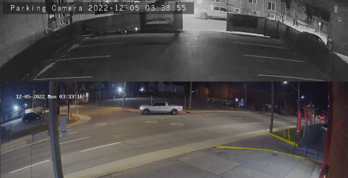 Two cropped shots from security camera footage of a pick-up truck that Hamilton police believe was involved in an arson.