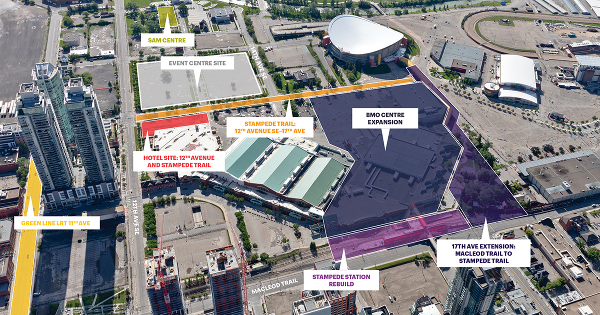 An annotated map of projects in the Culture and Entertainment District in Calgary.