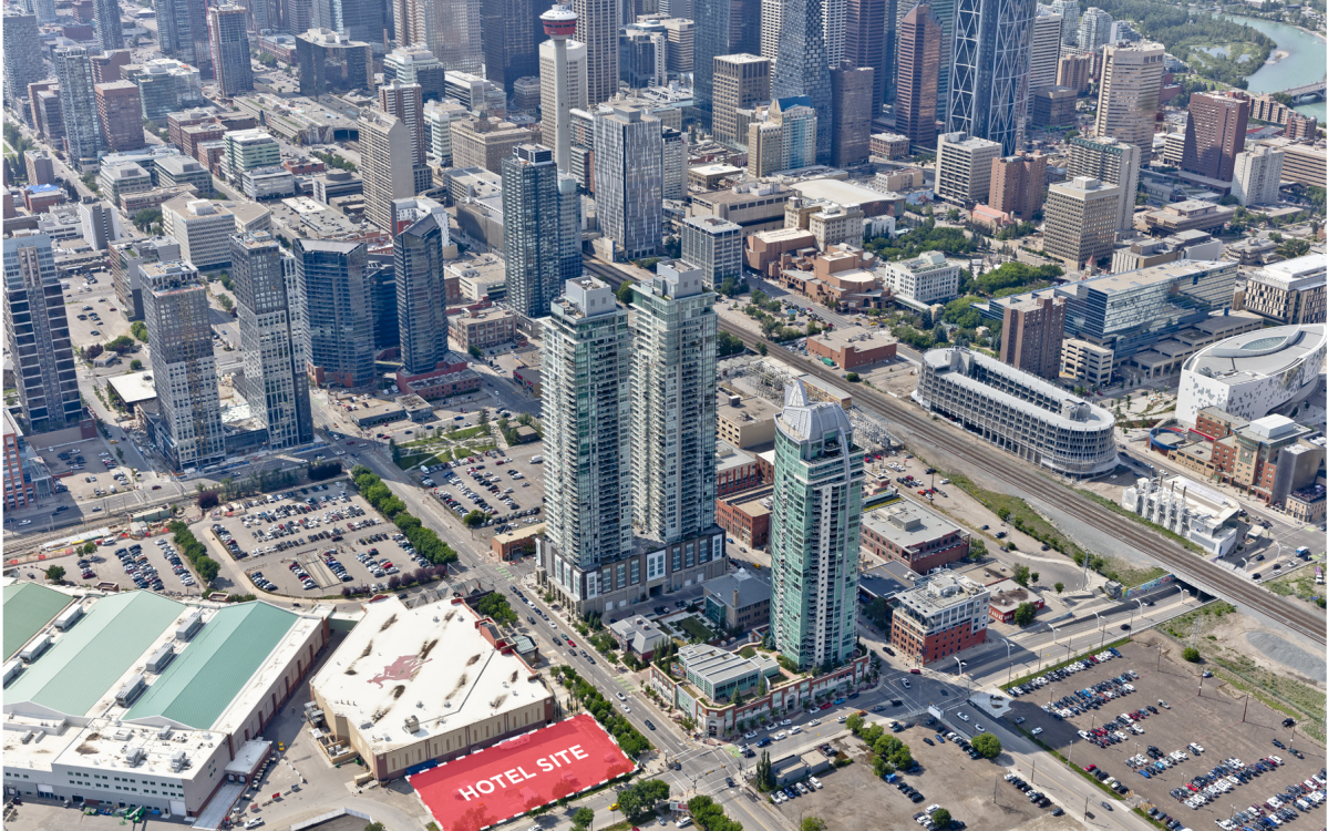 An aerial photo of the site the new hotel in Stampede Park in Calgary.