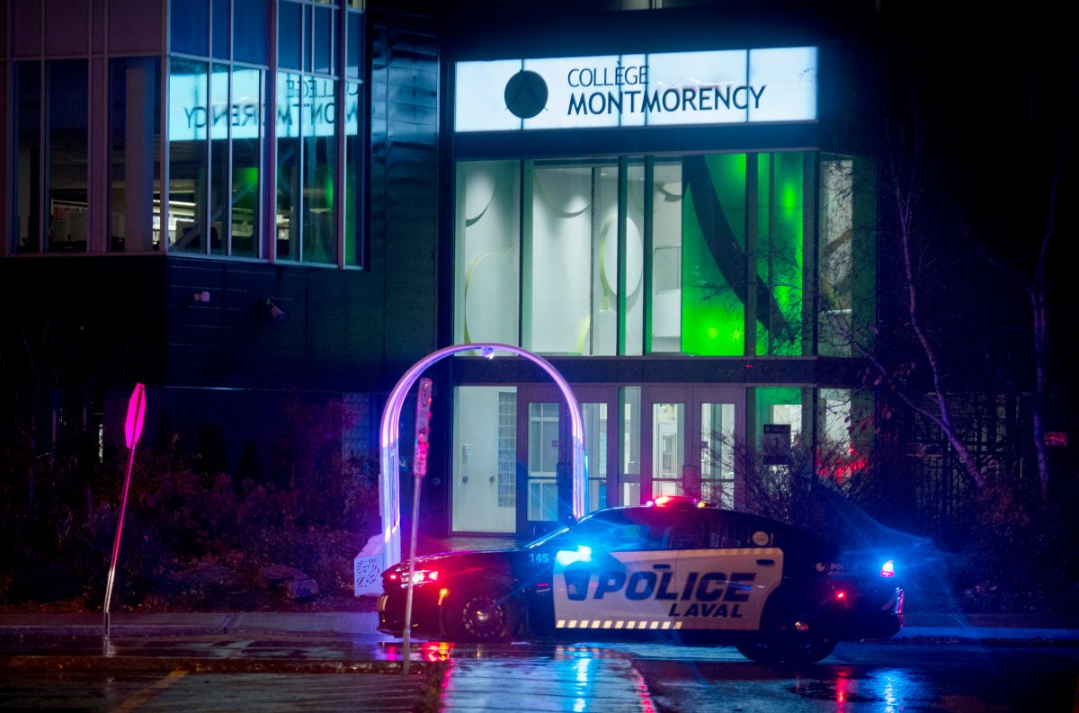 A police cruiser is shown outside College Montmorency in Laval, Que., Friday, November 11, 2022.