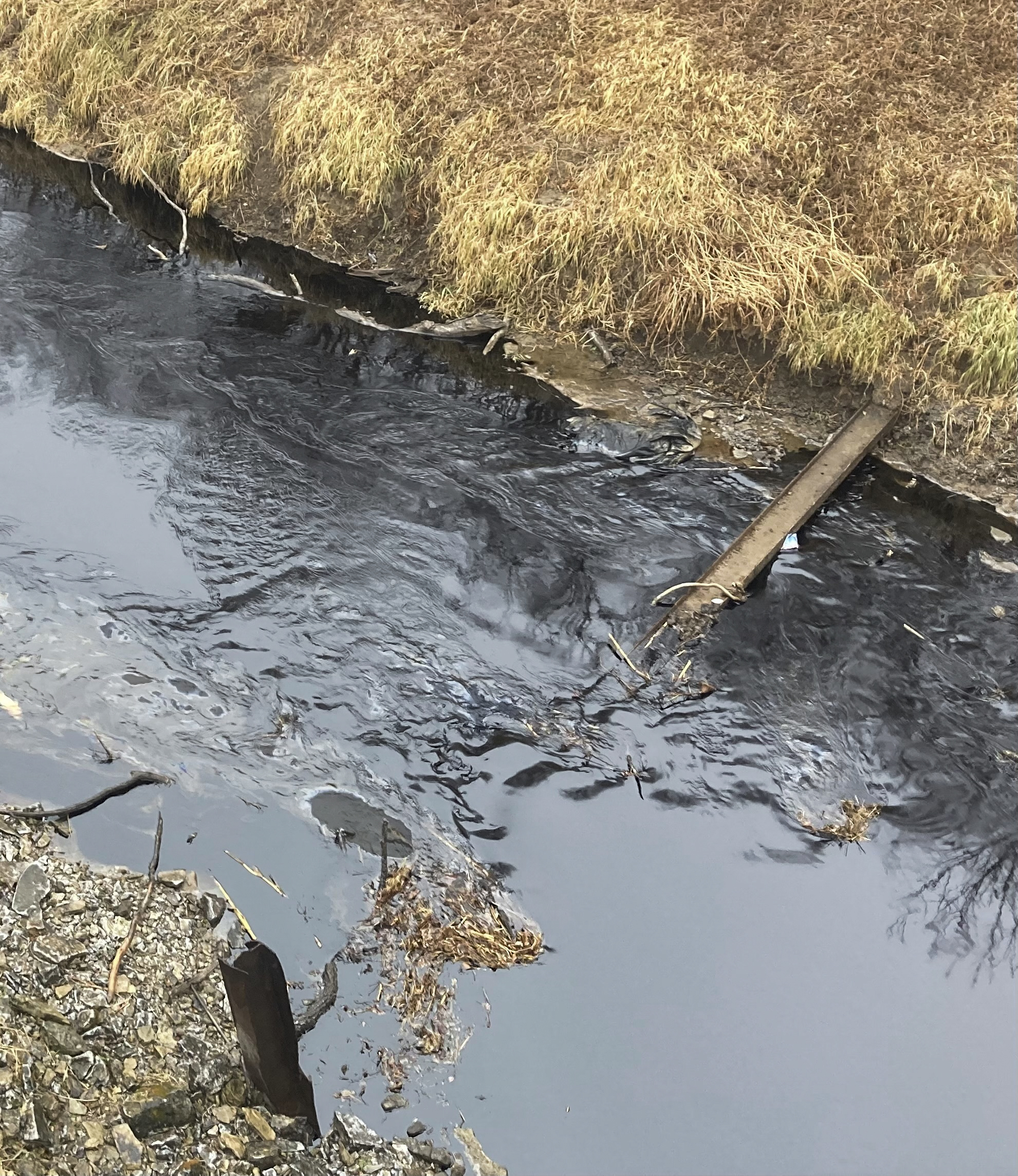 Oil from a Keystone pipeline rupture flows into Mill Creek in Washington County, Kansas, on Thursday, Dec 8, 2022.