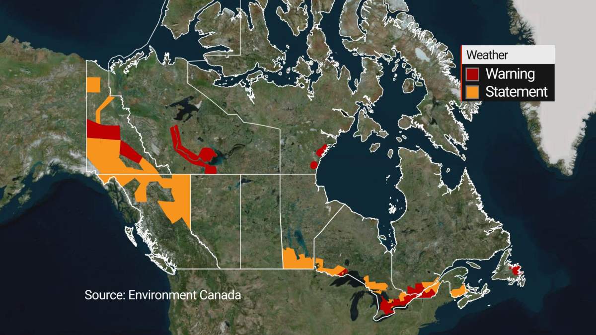 The orange areas are special weather statements, while the red are the higher warning ones, where significant snow or rainfall is expected.