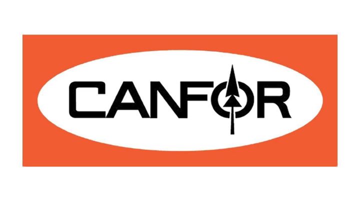 The corporate logo for forest products producer Canfor Corp. is shown. 
