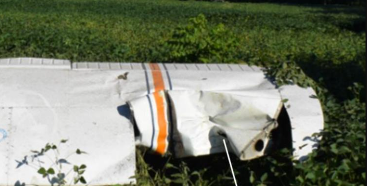 Damage to the wing of the plane which crashed north of Port Hope, Ont., on Aug. 13, claiming the lives of two Ottawa residents.