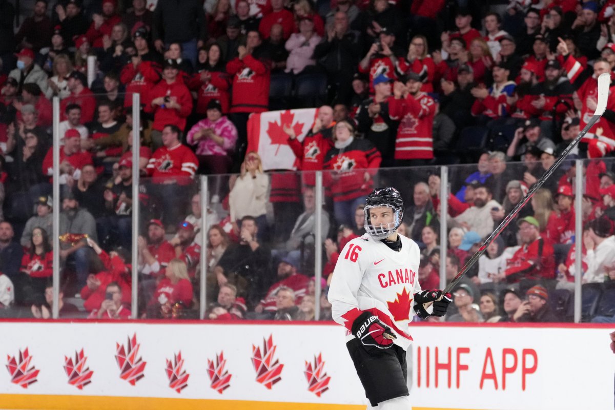 Canada’s Connor Bedard celebrates his second goal of the game in the second period of IIHF World Junior Hockey Championship action against Austria in Halifax on Thursday, Dec. 29, 2022.