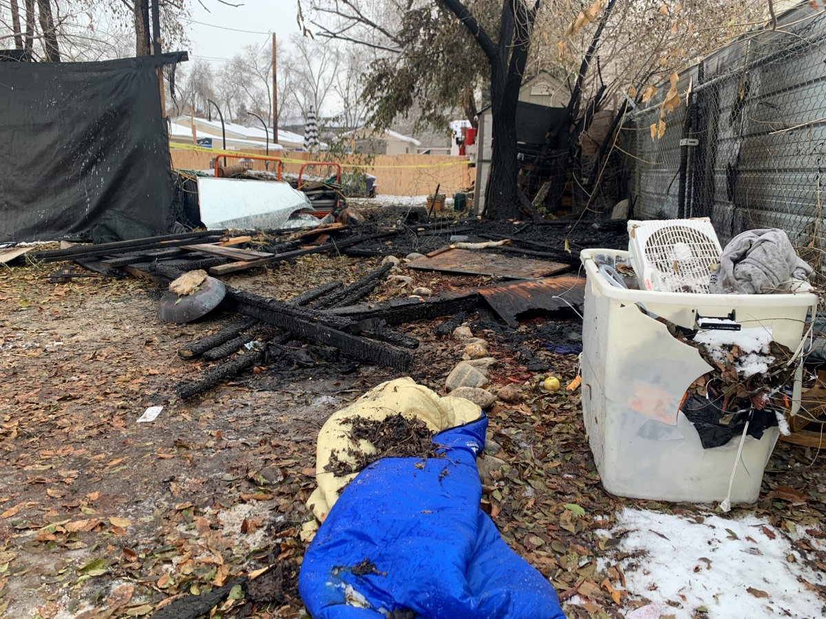 The remnants of a shed that was destroyed by fire in Kelowna on Dec. 14, 2022.