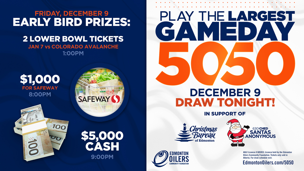 A graphic describing prizes that can be won by entering the Edmonton Oilers Community Foundation's 50/50 raffle.