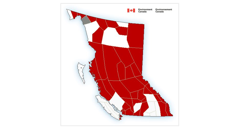 Almost the entire province of B.C. is under an extreme cold weather or an Artic airflow warning Wednesday.