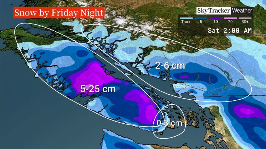 A Global News graphic shows predicted snowfall on British Columbia’s South Coast overnight on Fri. Dec. 1, 2022. According to senior meteorologist Kristi Gordon however, much uncertainty around the quantity remains.