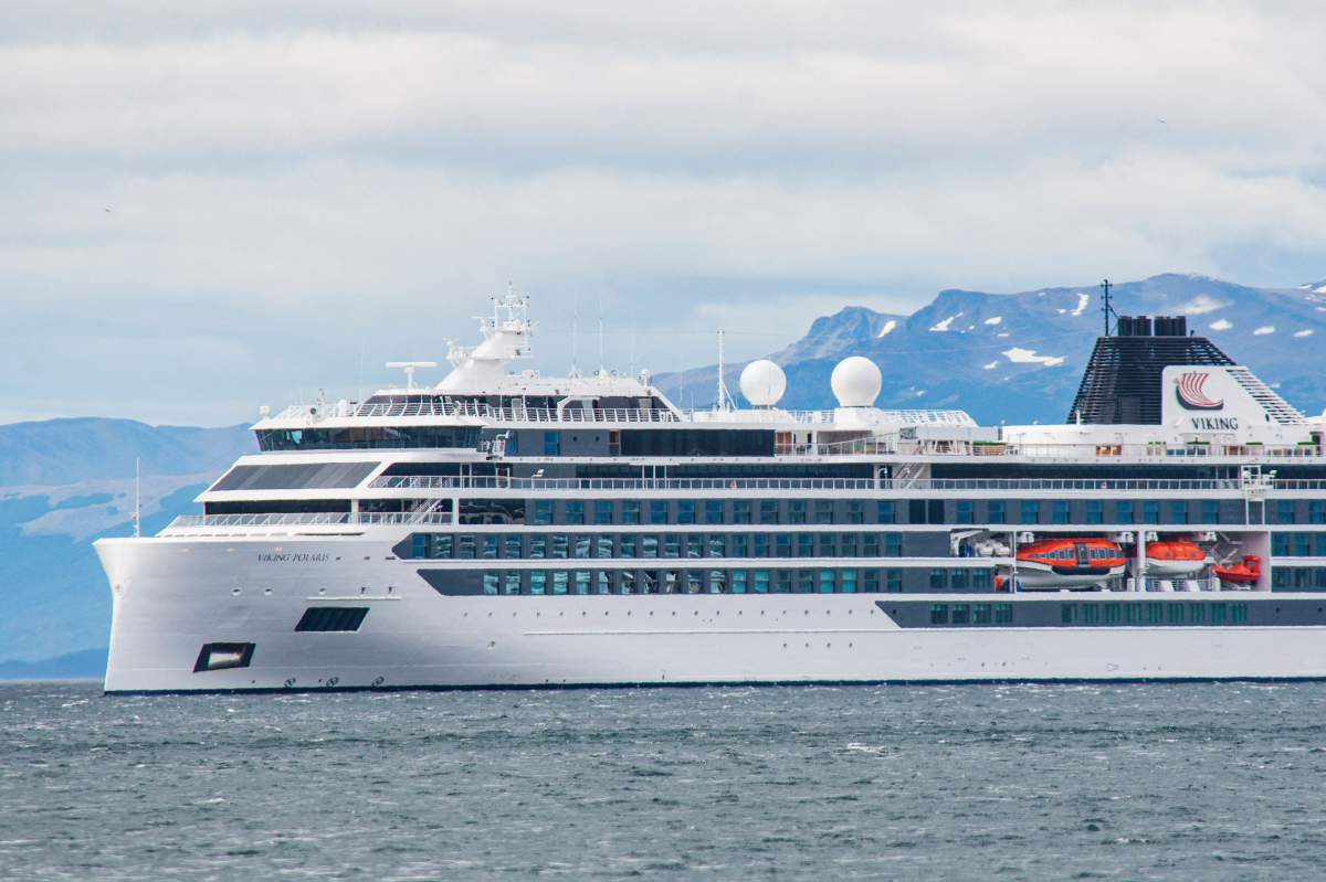 A Viking Polaris cruise ship in the water.