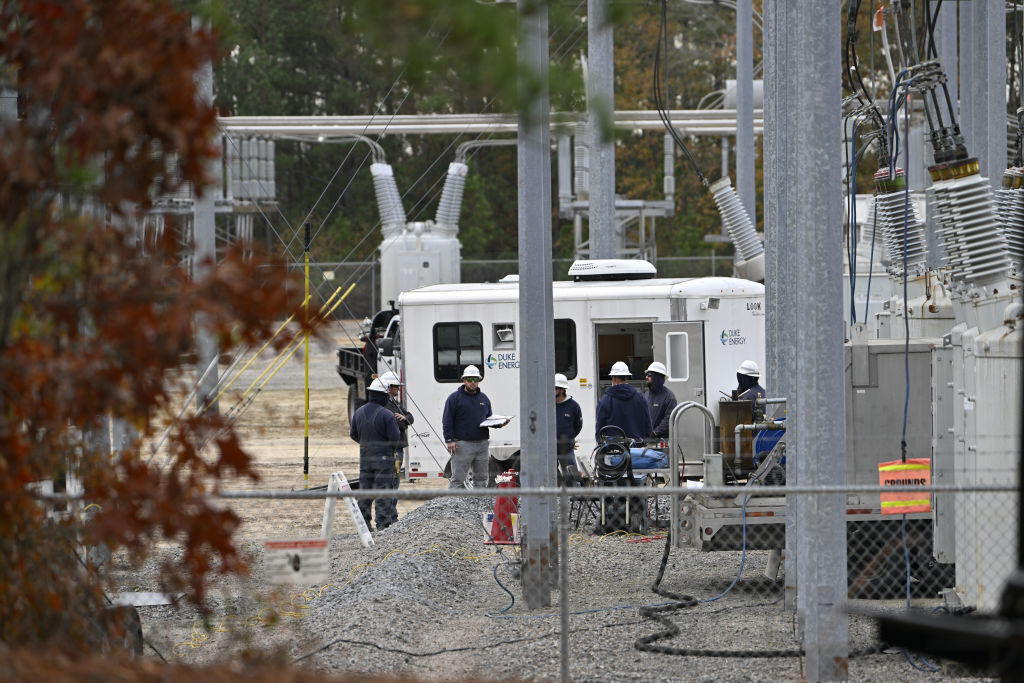 A view of the substation while work is in progress as tens of thousands are without power on Moore County after an attack at two substations by Duke Electric were shot at in Carthage NC, United States on December 05, 2022.