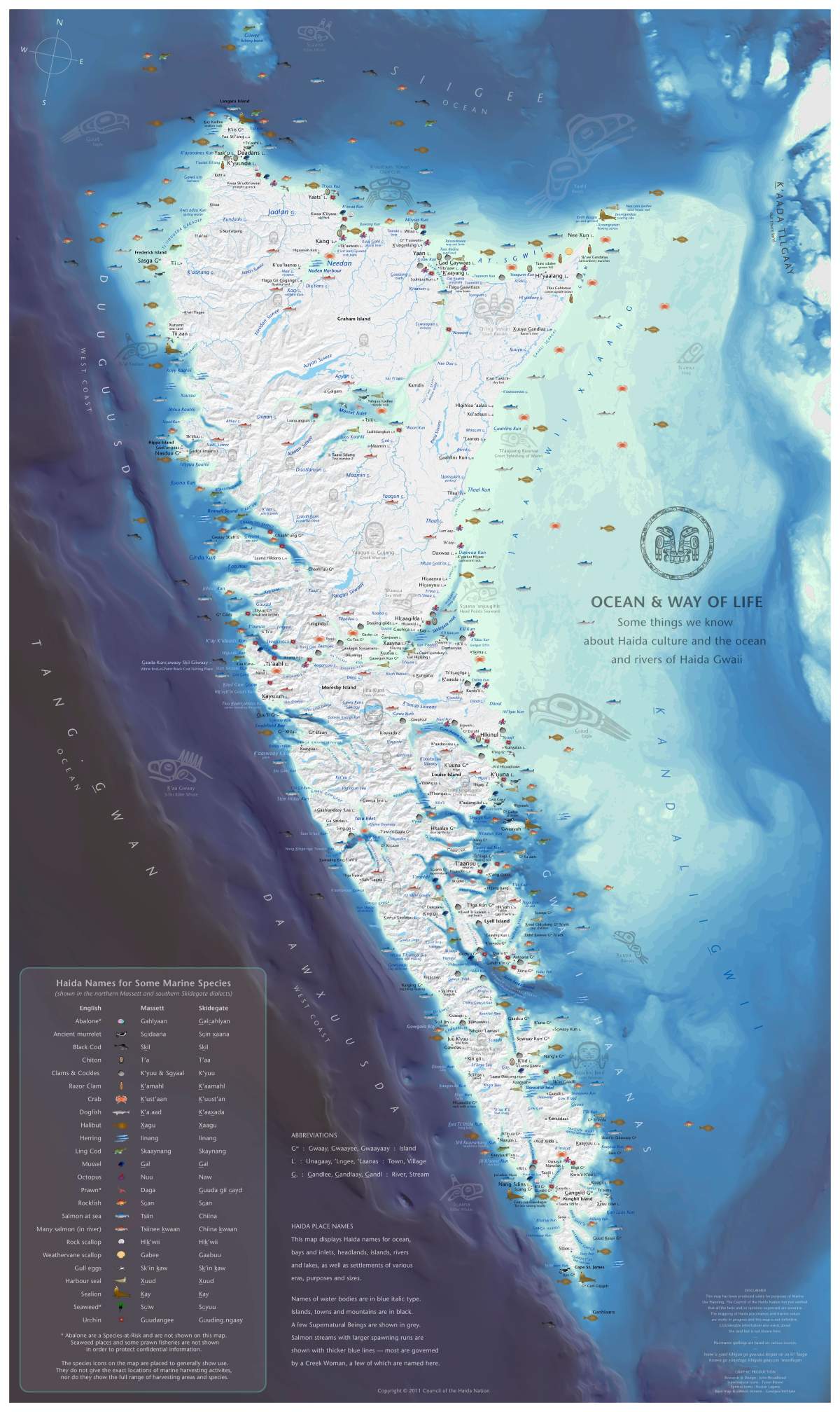 A map produced by the Haida Nation represents marine species, rivers and streams, and other geographic sites using traditional names. It’s part of an effort to draw on traditional ecological knowledge in mapping. That knowledge, in turn, can be applied to adapt to the growing challenge of climate change.