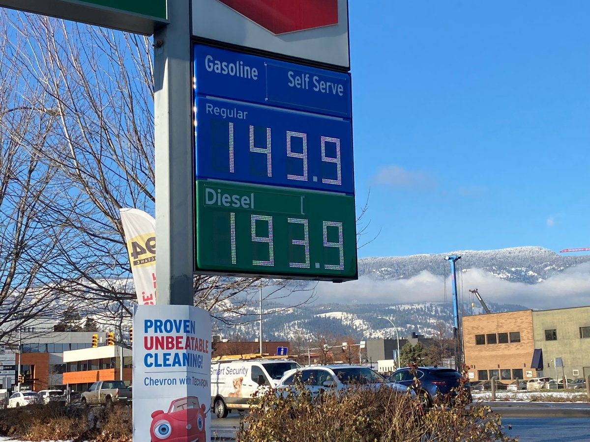 The price of gas in Kelowna, B.C., on Dec. 14, 2022.