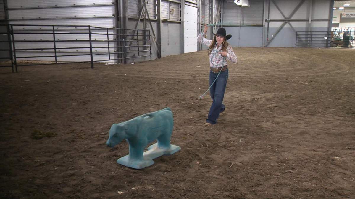 Lakota Bird, a competitor in the breakaway roping event, giving a demonstration.