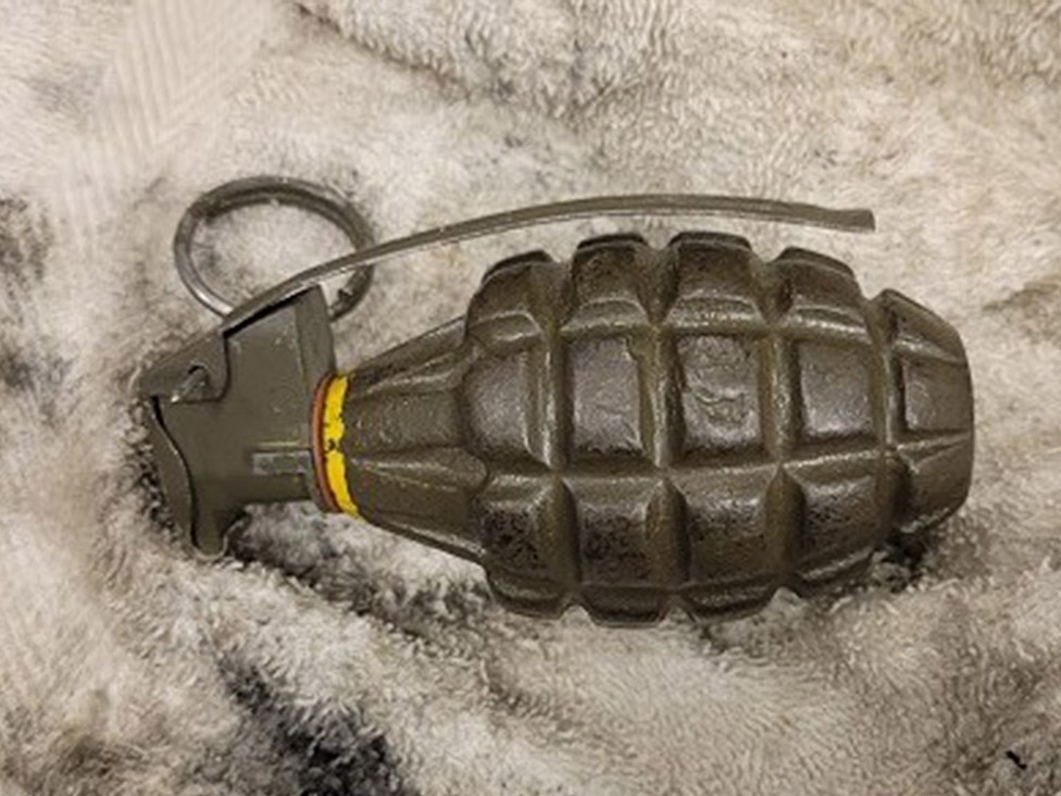 A photo of the live grenade that was dropped off at the RCMP detachment in Grand Forks, B.C., on Dec. 1.