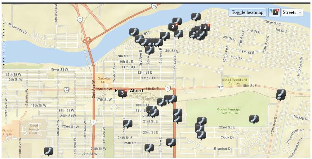 A map of vehicle damage and thefts reported in Prince Albert between December 2-5.