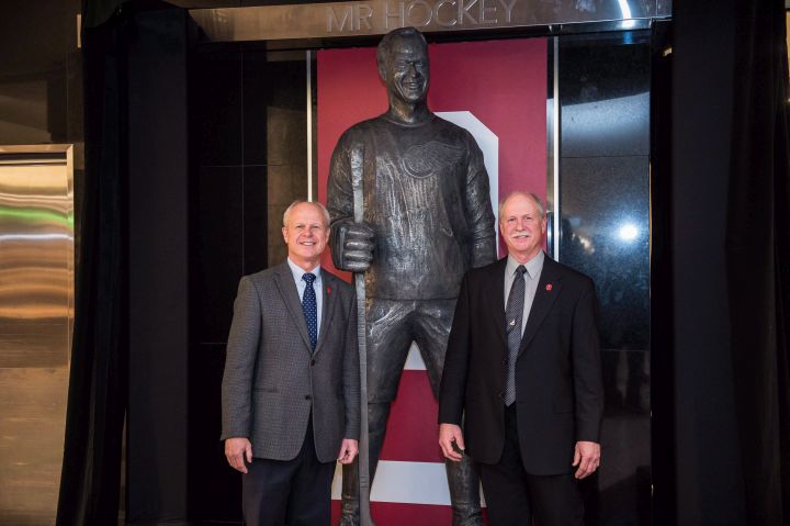 Mark Howe, left, and Marty Howe pose for a picture during the unveiling of a statue of their father, Gordie Howe, at the Hockey Hall of Fame in Toronto on Friday, March 10, 2017.