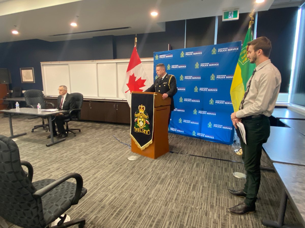 Saskatoon police Chief Troy Cooper at a press conference Friday morning.