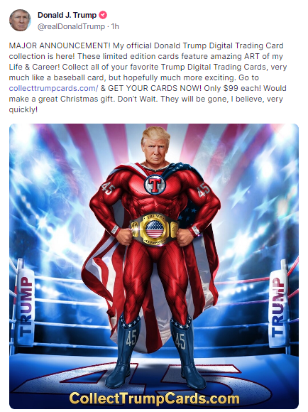 Donald Trump's Truth Social post revealing the launch of his new trading cards.