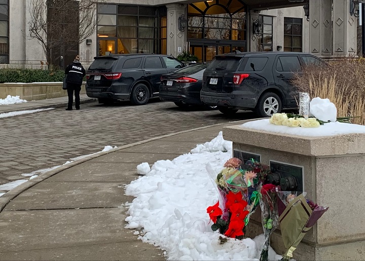Memorial grows outside of Vaughan condo building following a mass shooting.