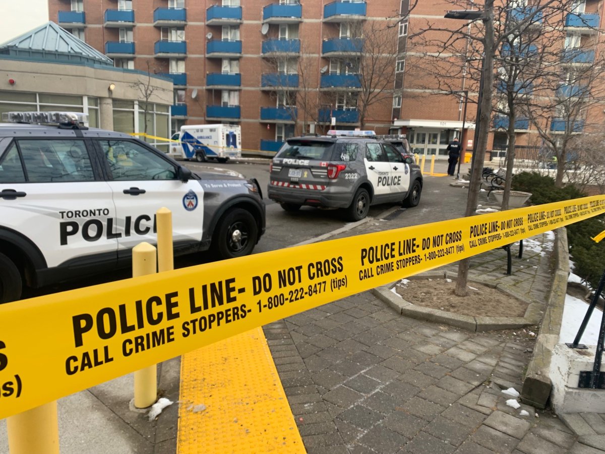 Police near Jamestown Crescent and John Garland Boulevard following a stabbing on Dec. 22, 2022.