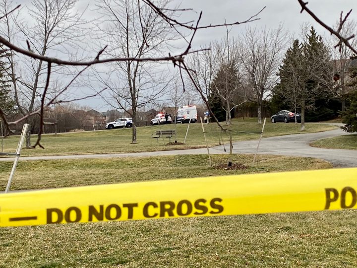 Police tape at a park near Brass Winds Place in Mississauga on Dec. 30, 2022.