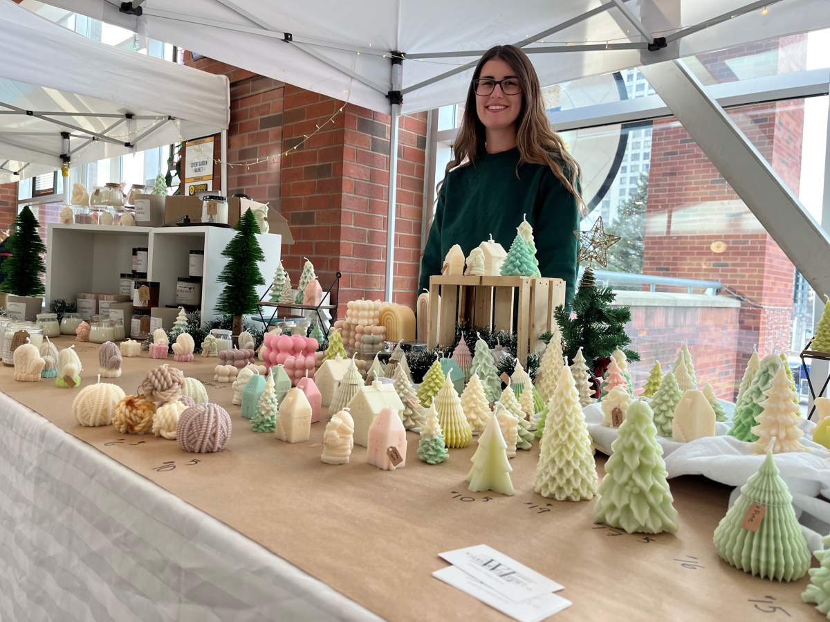 Julia Klassen, owner of Williams-Leigh Co., is one of several vendors set up on the second floor of Covent Garden Market for the Holly Jolly Market.