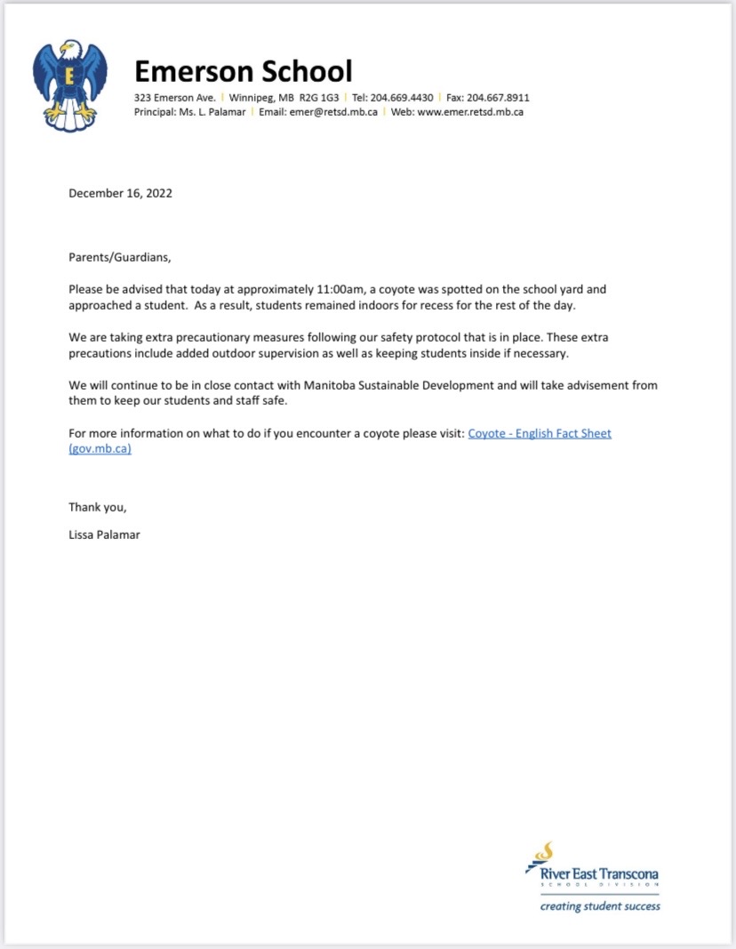 Letter sent to parents regarding coyote on school grounds of Emerson School