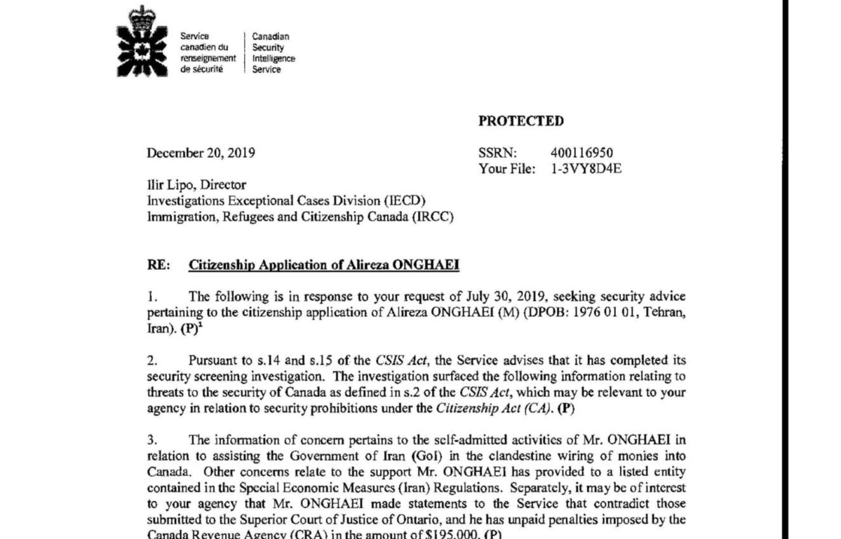 Page of CSIS security screening report on Alireza Onghaei.