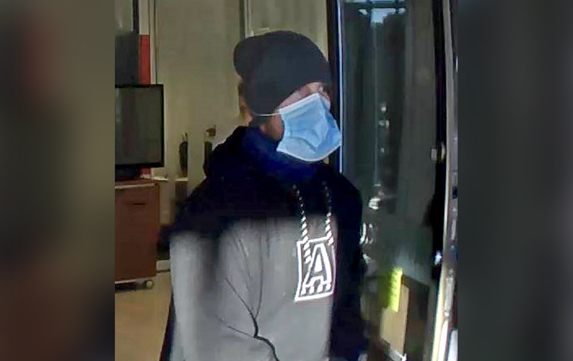 A photo from surveillance video of the bank robbery suspect in Osoyoos, B.C.