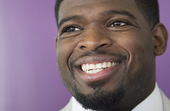 Nashville Predators player P.K. Subban smiles as he speaks to reporters prior to attending a Montreal Children's Hospital Foundation gala in Montreal, Wednesday, August 30, 2017. 