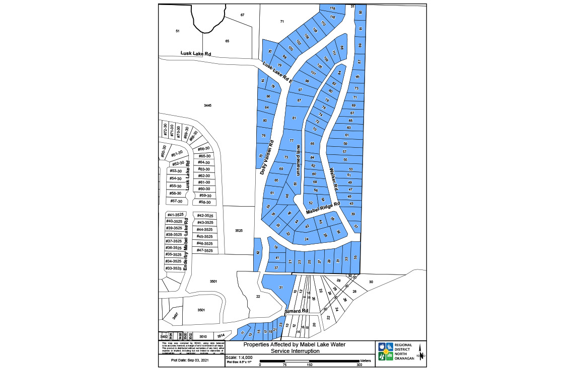 A map showing properties in the Mabel Ridge Estates area under a precautionary boil water notice.