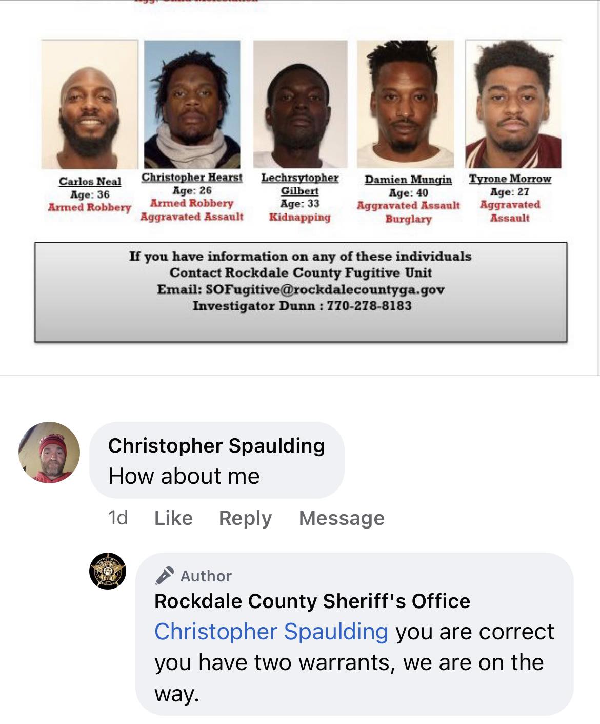 Screenshot of a bizarre Facebook exchange between a Georgia police department and a wanted fugitive.