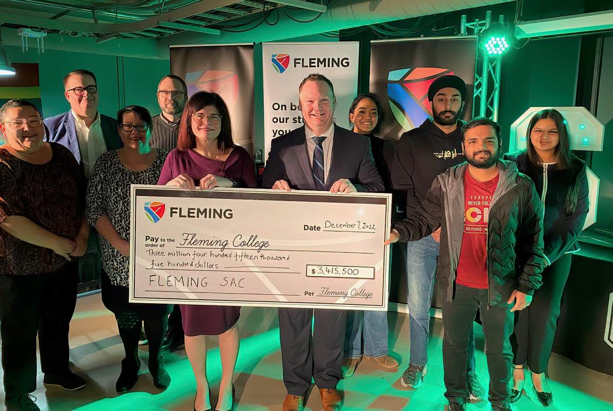Fleming College's Student Administrative Council has donated $3,415,500 to Fleming College to support future student transportation and food security needs. Taking part in the presentation were, from left, Elizabeth Stone (Indigenous Knowledge Leader), Drew Van Parys (executive vice-president, finance and administrative services), Brett Goodwin (vice-president, Applied Research and Innovation), Esther Zdolec (vice-resident Organizational Effectiveness and Human Resources), Sandra Dupret (executive vice-president Academic and Student Experience), Joel Willett (Fleming SAC general manager,), Fleming SAC board of directors Lois Roy, Gurpratap Singh, Raghav Gupta, and Amisha Chawla.