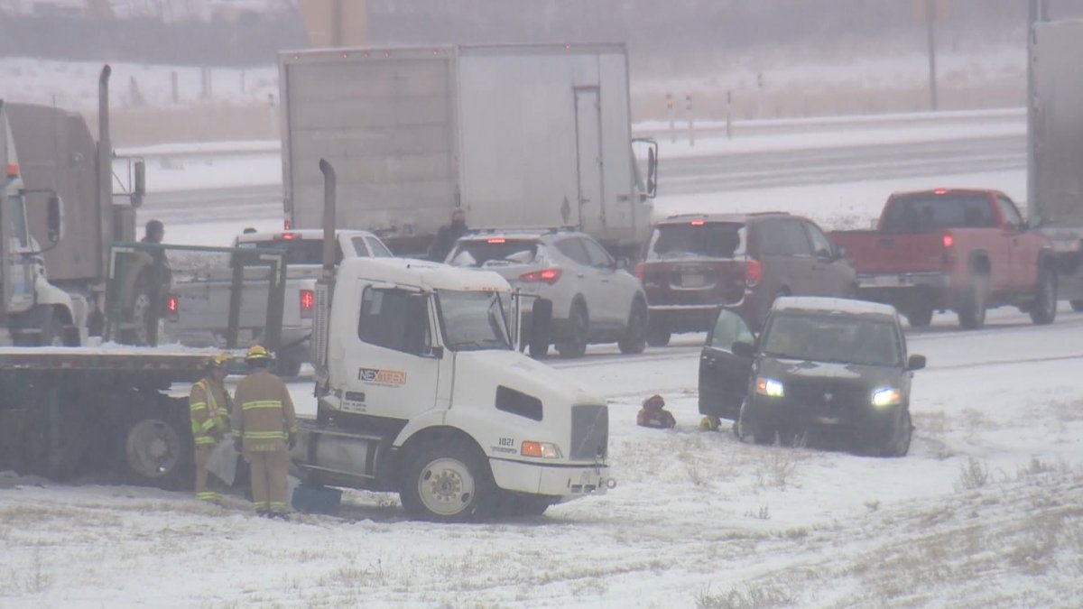 Emergency responders attend a multi-vehicle collision on Calgary's Stoney Trail N.E. on Dec. 5, 2022.