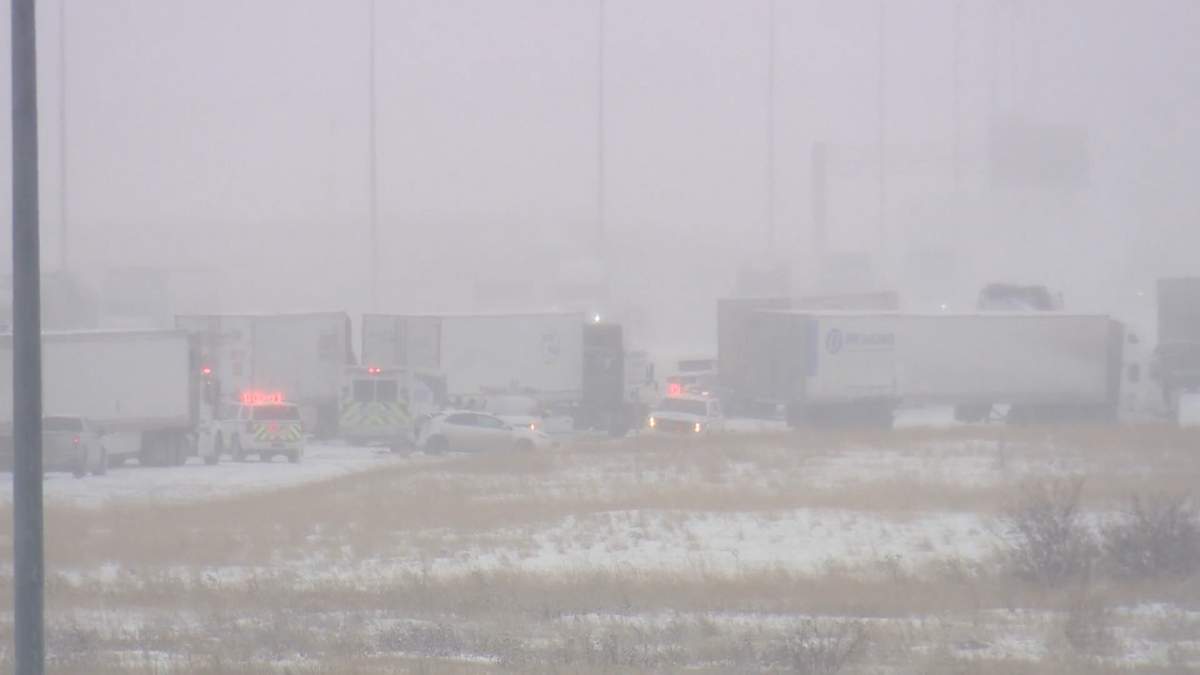 Emergency responders attend a multi-vehicle collision on Calgary's Stoney Trail N.E. on Dec. 5, 2022.