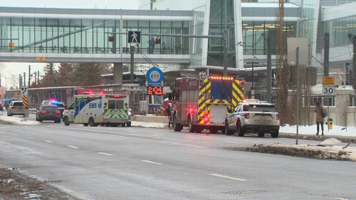 Emergency crews at the Health Sciences/Jubilee LRT Station in Edmonton, Alta. on Friday, December 16, 2022.
