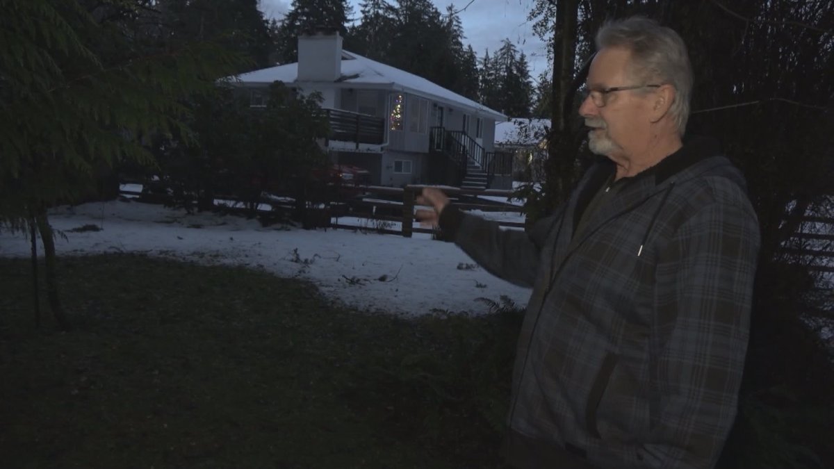 Robbie Grant points to where his Candy Cane and deer ornaments were set up before  the Christmas display was stolen from his Campbell River lawn.