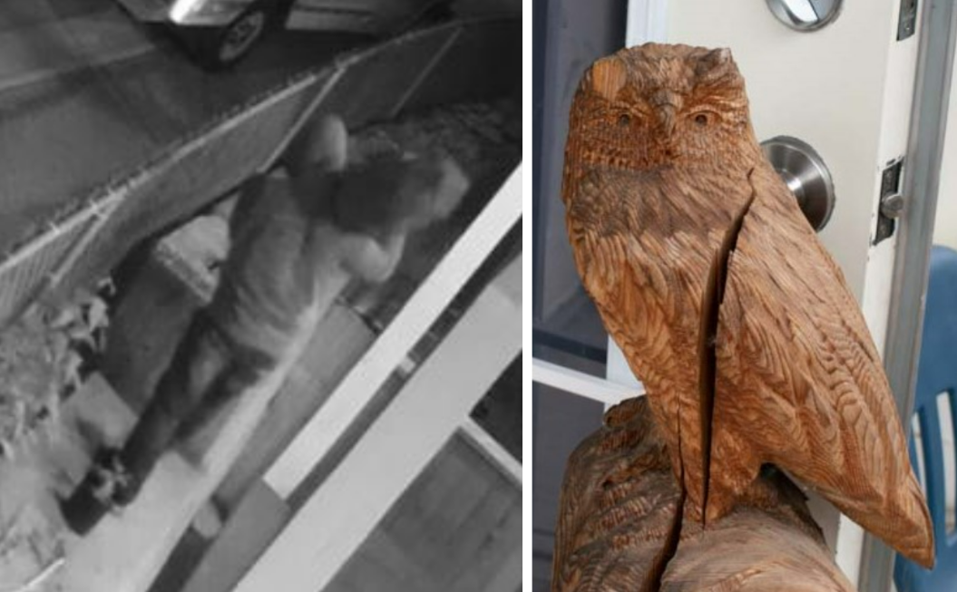 An image of the suspect in the Oct. 12, 2022 theft of a red cedar totem pole from kʷikʷəƛ̓əm First Nation is seen next to a daylight image of the totem pole.