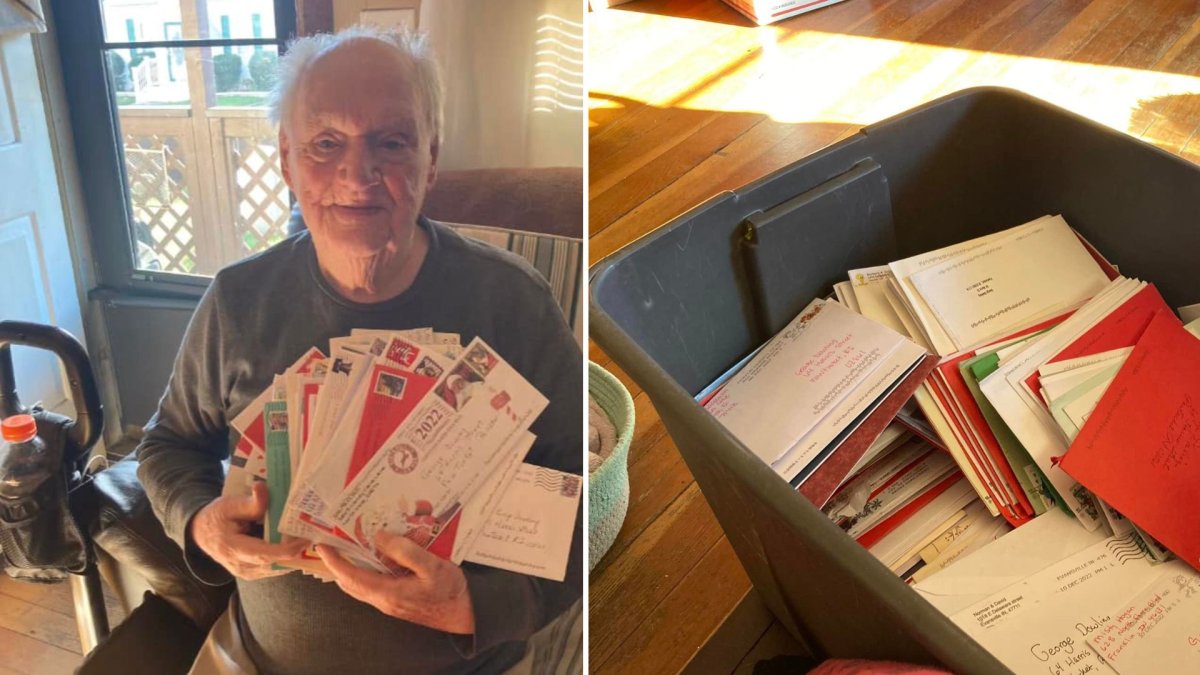A split photo. On the left, George Dowling holds a stack of Christmas cards. On the right is a plastic container filled with cards.