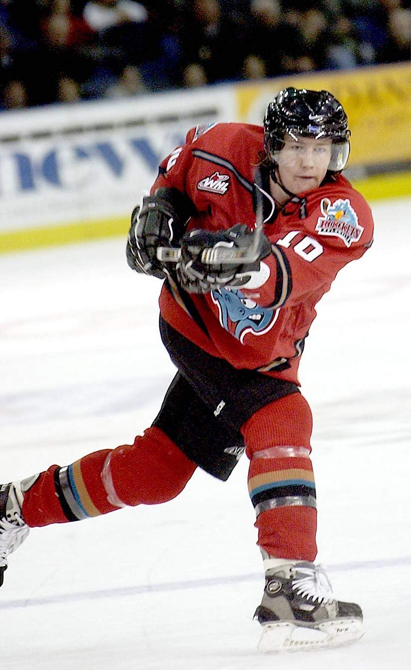 Duncan Keith takes a slapshot during WHL action against the Prince George Cougars on Dec. 27, 2002 in Kelowna, B.C.