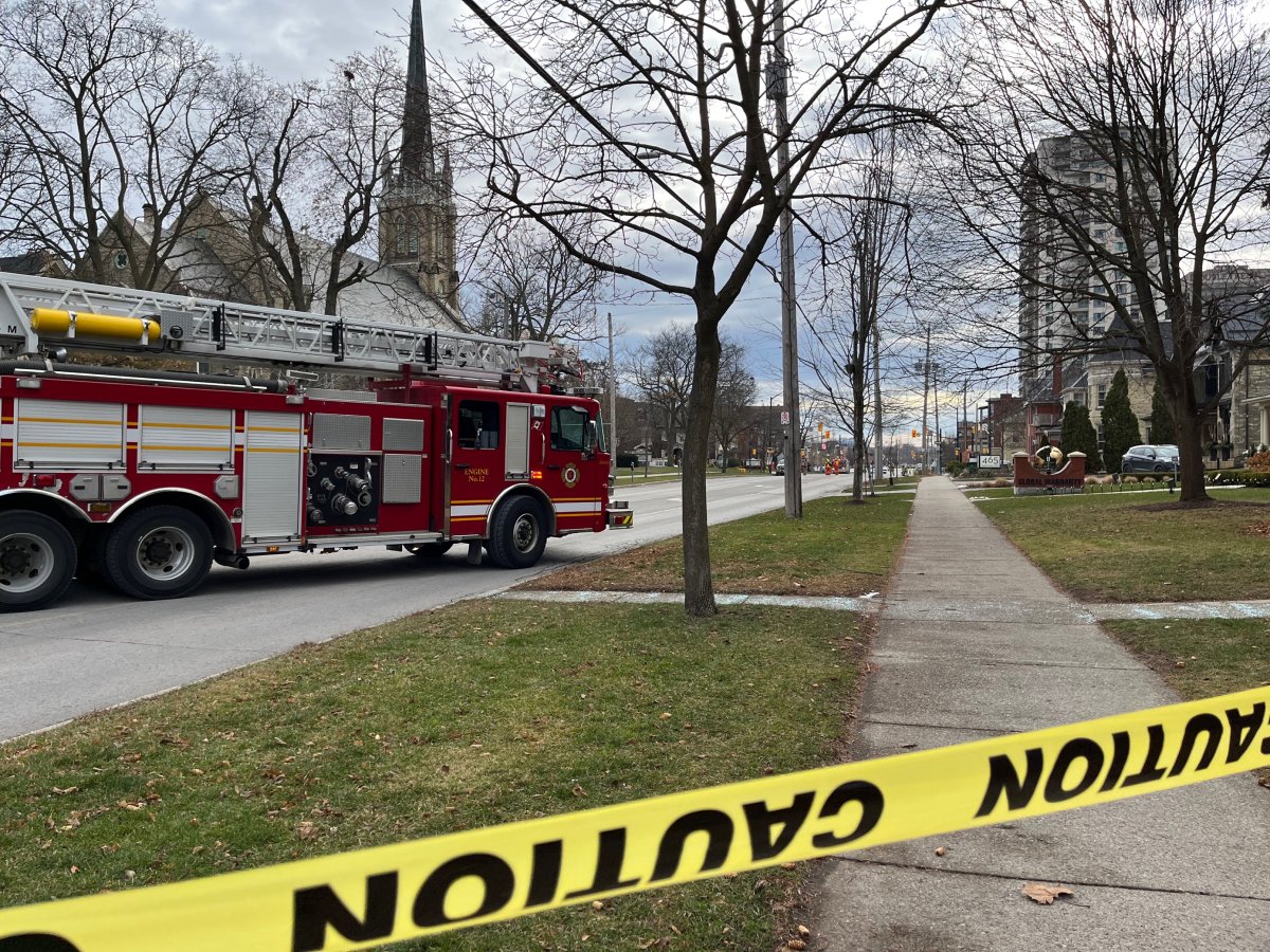 A picture of Waterloo Street and Dufferin Avenue looking southbound as emergency crews assess a natural gas leak in the area on Friday, Dec. 2, 2022.